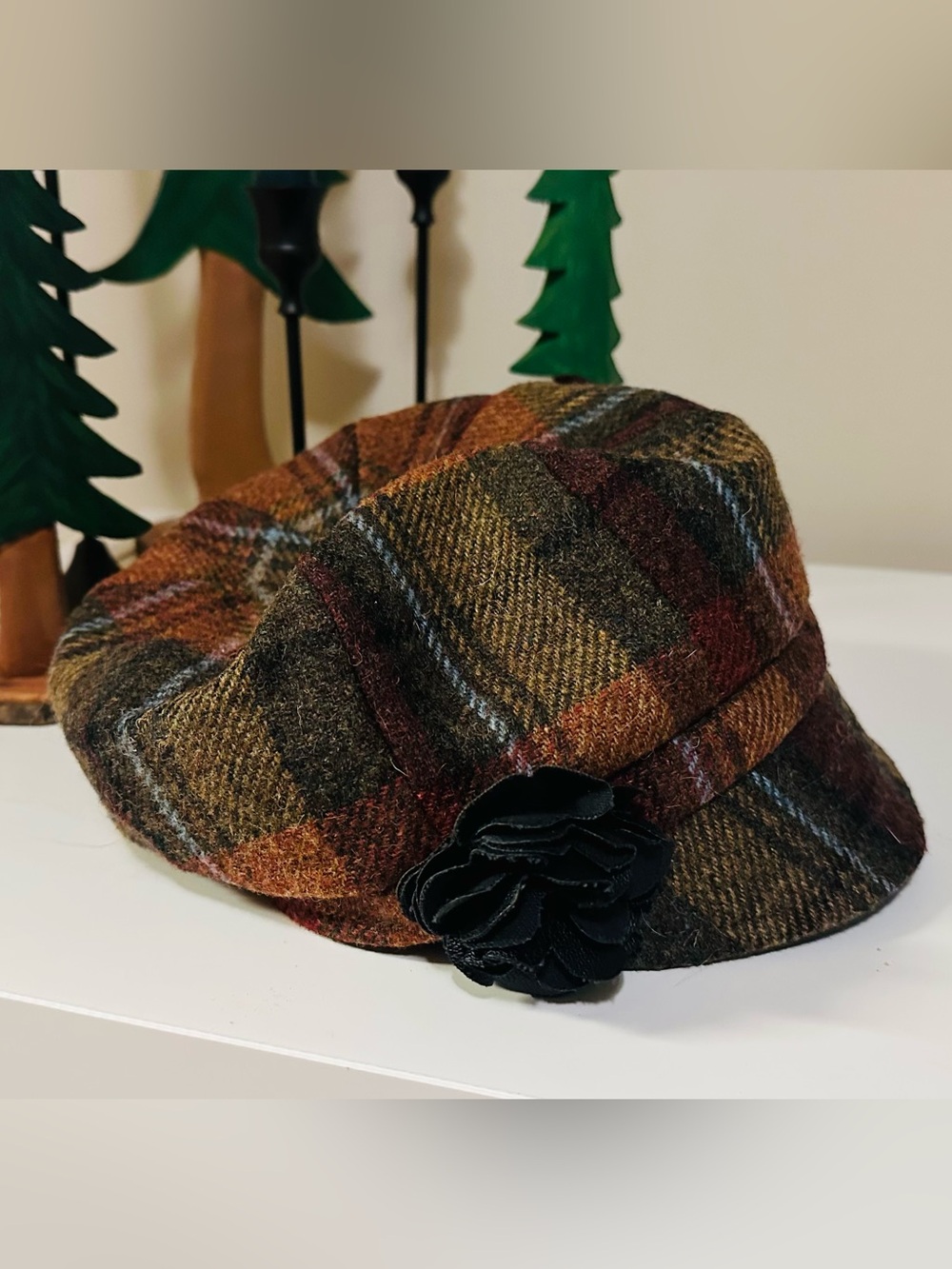 Mucros Weavers Plaid Wool Newsboy Cap with Black Flower